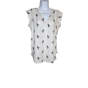 LOFT Hummingbird Print Top Cream Lace Trim Flutter Sleeve‎ Size S NWT